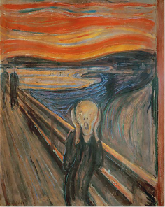 Imagem: Pintura. No centro, uma pessoa careca com roupa preta está em uma ponte com os olhos arregalados, a boca aberta e as mãos no rosto. Ao fundo, um rio sinuoso e o céu em tons de laranja. Fim da imagem.