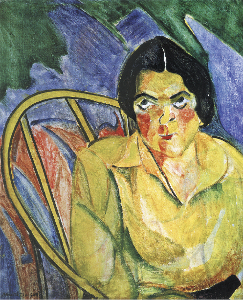 Imagem: Pintura. Uma mulher com cabelo preto e curto e blusa amarela está sentada em uma cadeira e olhando para cima. Ao fundo, manchas verdes e azuis. Fim da imagem.