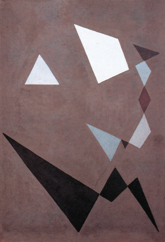 Imagem: Pintura. Triângulos e polímeros preto, branco e cinza sobre fundo marrom. Fim da imagem.