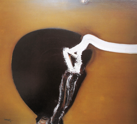 Imagem: Pintura. No centro, figura circular preta e ao lado, uma faixa branca sobre fundo marrom. Fim da imagem.