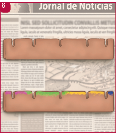 Imagem: Ilustração 6. Dois pedaços de argila com formato retangular e com cortes na parte superior, sobre um jornal. Em uma delas há manchas de tintas coloridas. Fim da imagem.