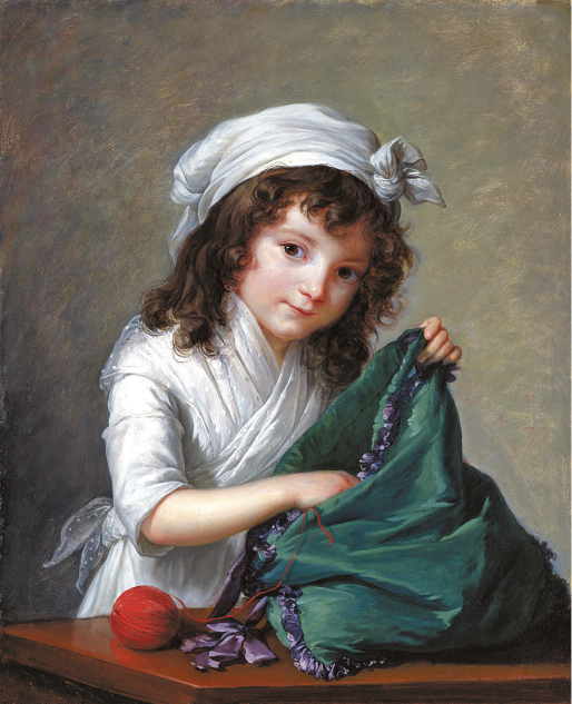 Imagem: Pintura. Menina com cabelo castanho, encaracolado e comprido, pano branco na cabeça, olhos grandes, nariz pequeno, lábios finos e vestido branco está segurando uma sacola verde com a mão esquerda e com a mão direita dentro da sacola, que está em cima de uma mesa. Fim da imagem.