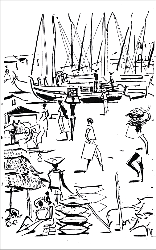 Imagem: Desenho em preto e branco. À esquerda, barracas e sacas empilhadas. À direita, silhueta de pessoas andando e algumas estão segurando cestos sobre a cabeça. Ao fundo, barcos atracados no porto. Fim da imagem.