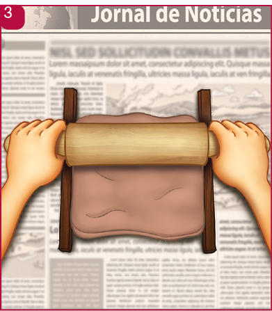Imagem: Ilustração 3. As mãos estão segurando um rolo sobre a argila, que está entre duas ripas de madeira e sobre o jornal. Fim da imagem.