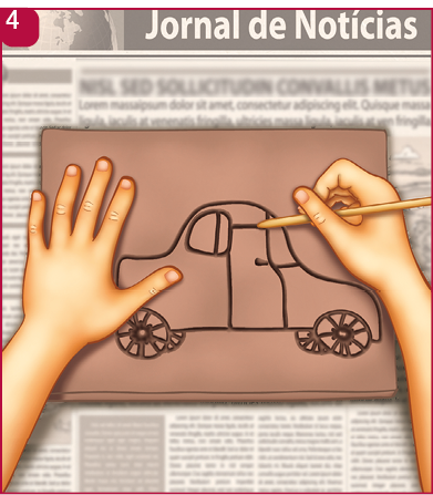 Imagem: Ilustração 4. Mão esquerda da criança sobre a argila em formato de quadrado. A mão direita está segurando um palito e desenhando um carro sobre a argila.  Fim da imagem.