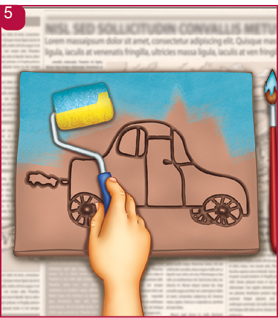 Imagem: Ilustração 5. Mão direita segurando um rolo de pincel pequeno e pintando a argila com desenho de carro de azul. Ao lado há um pincel com tinta azul sobre o jornal. Fim da imagem.