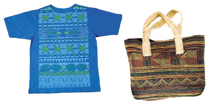 Imagem: Fotografia. À esquerda, uma camiseta azul com estampa de tartarugas verdes. À direita, uma bolsa verde com listras e arabescos laranja e amarelo e alças bege. Fim da imagem.