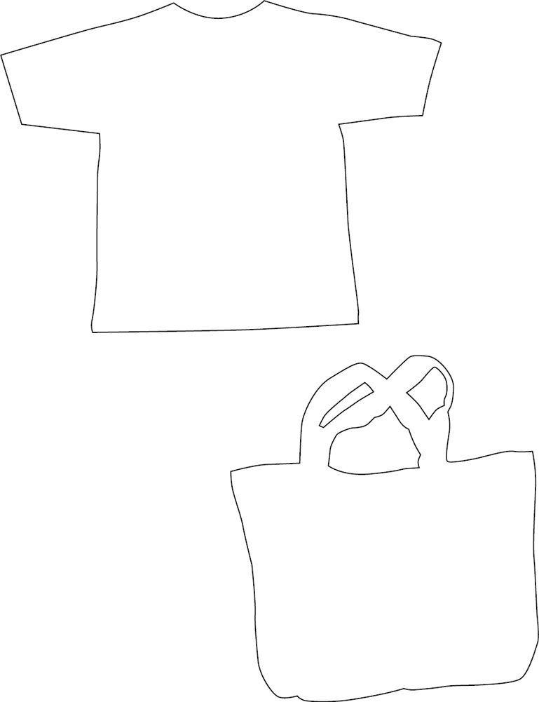 Imagem: Desenhos em preto e branco. Contorno de uma camiseta. Abaixo: Contorno de uma bolsa.    Fim da imagem.