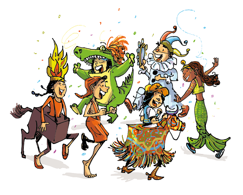 Imagem: Ilustração. Seis crianças estão fantasiadas, sorrindo e dançando em roda. Em volta delas há confetes coloridos. Fim da imagem.