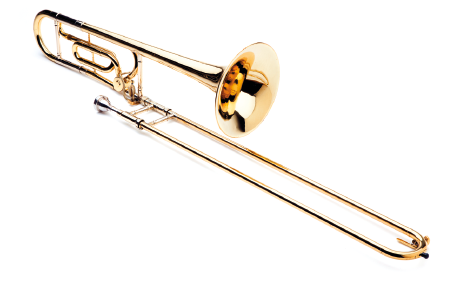 Imagem: Fotografia. Um trombone dourado.  Fim da imagem.