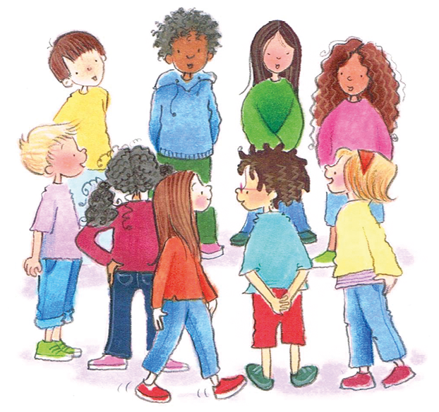 Imagem: Ilustração. Várias crianças com roupas coloridas estão em pé, formando uma roda e com as mãos atrás das costas. Ao lado, uma menina está andando em volta da roda. Fim da imagem.