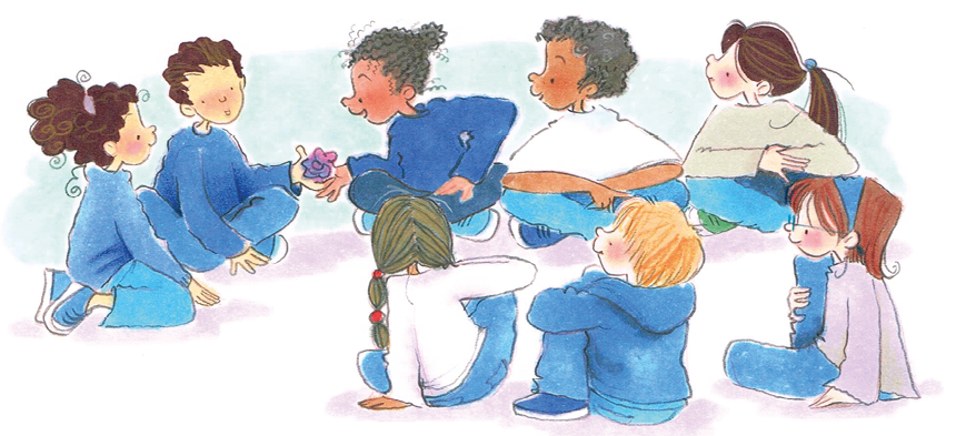 Imagem: Ilustração. Crianças com uniforme azul e branco estão sentadas e formando uma roda. Uma delas está passando uma bola de papel para outra. Fim da imagem.