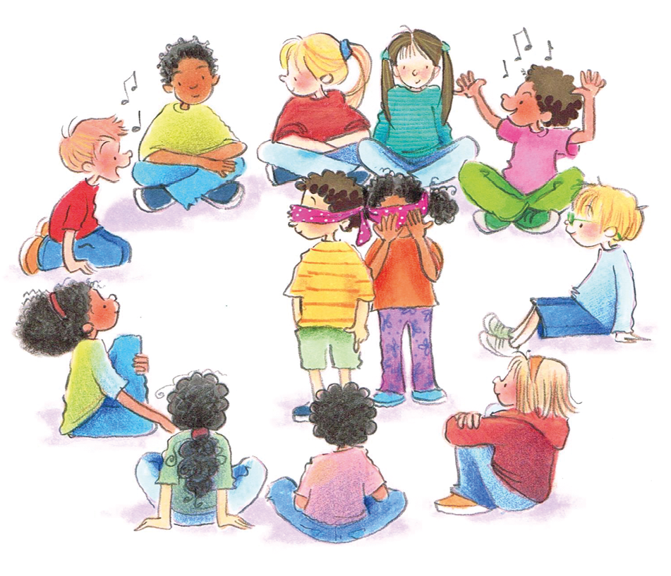 Imagem: Ilustração. Várias crianças com roupas coloridas estão sentadas e formando uma roda. Duas delas estão cantando. No centro, duas crianças estão em pé e com vendas nos olhos. Fim da imagem.