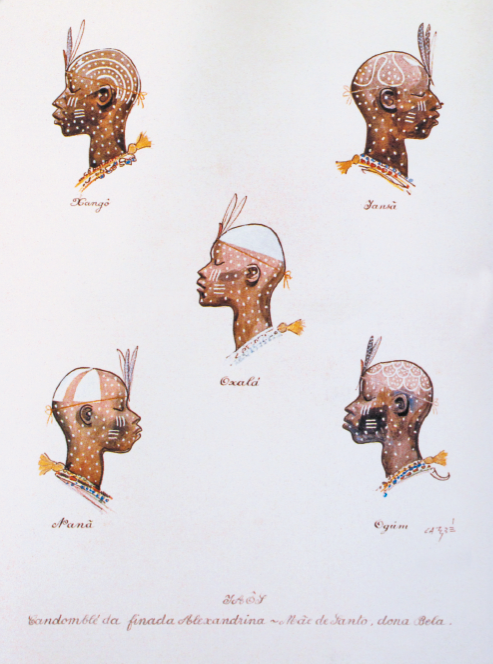 Imagem: Desenho. Cinco rostos de uma pessoa negra, careca, de perfil, com pinturas e adereços na cabeça. Fim da imagem.