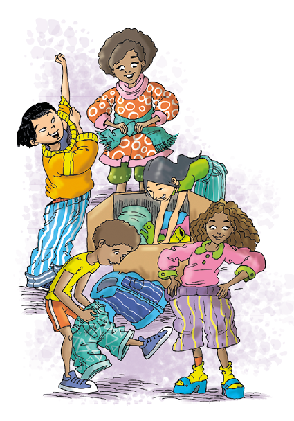 Imagem: Ilustração. Quatro crianças estão sorrindo e colocando roupas coloridas. No centro, uma menina está com o corpo inclinado para frente e com as mãos dentro de uma caixa cheia de roupas. Fim da imagem.
