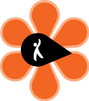 Imagem: Ilustração de uma flor com seis pétalas laranjas e um miolo preto em formato de gota, onde há a silhueta em branco de uma pessoa com o braço levantado. Fim da imagem.