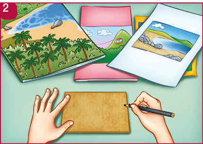 Imagem: Ilustração 2. Uma mão está segurando o papelão recortado e outra mão está segurando um lápis. Ao fundo, revistas com paisagens. Fim da imagem.