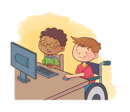 Imagem: Ilustração. Dois meninos sentados em frente a um computador. Menino de cabelo curto cacheado preto com par de óculos retangular. Ao lado, menino de cabelo curto loiro, vestindo camiseta vermelha, sentado em uma cadeira de rodas, está segurando um mouse.  Fim da imagem.