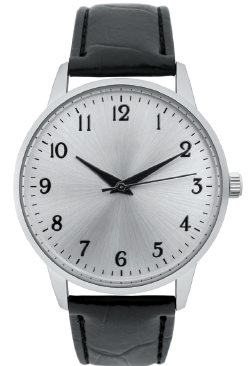 Imagem: Fotografia. Relógio de pulso preto com display prata indicando 10:10.  Fim da imagem.