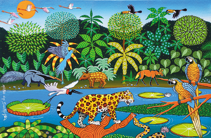 Imagem: Ilustração. Pintura colorida de uma floresta com árvores diversas à beira de um rio. Sobre a floresta há os pássaros voando, flamingos, tucanos, arara-azul. Há dois papagaios sobre um galho e uma garça sobre uma vitória-régia. Sobre a flores há onça-pintada, raposa, tamanduá, anta e cobra. Fim da imagem.