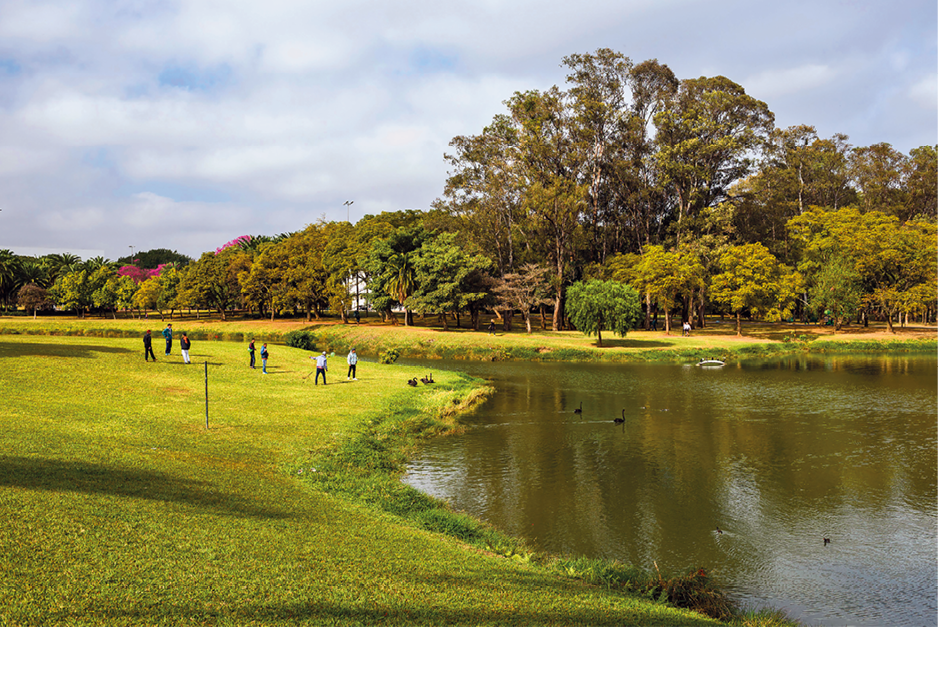 Imagem: Fotografia complementar das páginas 30 e 31. Vista de um lago com ampla área de vegetação ao redor e campo aberto. Sobre o lago há patos, sobre o gramado há meninos espalhados. Fim da imagem.