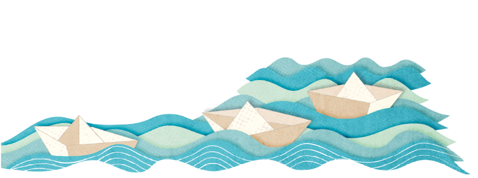 Imagem: Ilustração. Ondas do mar em camadas com barcos de papel. Fim da imagem.