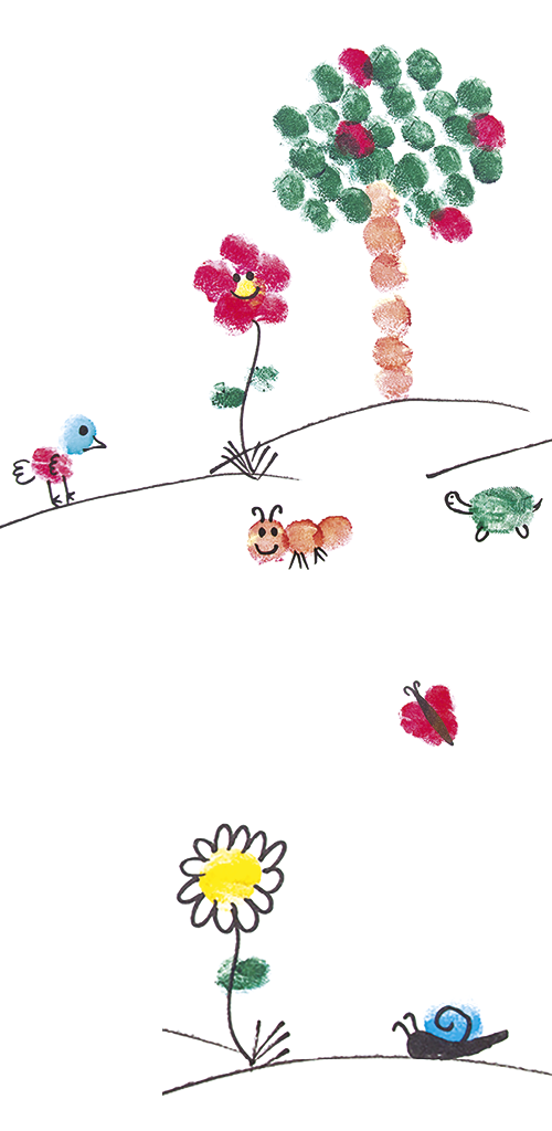 Imagem: Ilustração. Pinturas em bolinhas coloridas formando as imagens de árvore, flor, pássaro, formiga, tartaruga e borboleta. Fim da imagem.