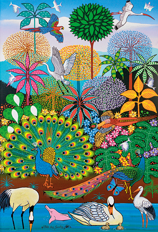 Imagem: Ilustração. Pintura colorida de pássaros diversos sobre uma floresta e beira do rio. Arara, garça, cisne, pavões e borboleta. Sobre o rio há um boto.  Fim da imagem.