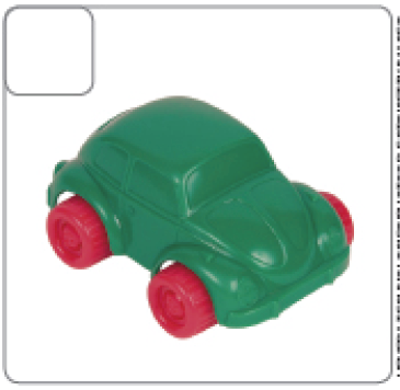 Imagem: 5. Fotografia. Carrinho de brinquedo de plástico verde com rodas vermelhas. Fim da imagem.