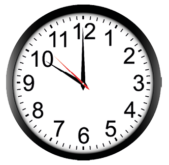 Imagem: Ilustração. Relógio circular de moldura preta indicando com o ponteiro menor no 10 e o maior no 12. O ponteiro vermelho indica 52. Fim da imagem.
