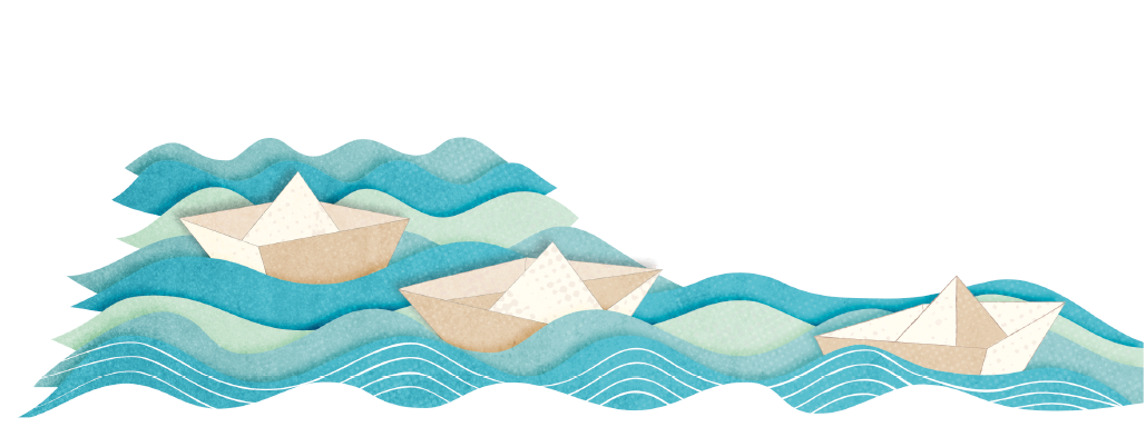 Imagem: Ilustração. Recortes em ilustração formando camadas do mar com barcos de papel branco. Fim da imagem.