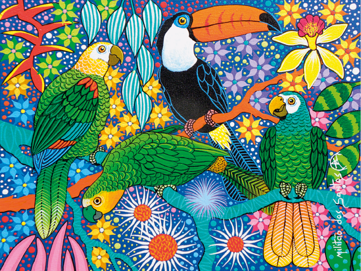Imagem: Ilustração. Pintura de tucano e três papagaios verdes sobre galhos e flores coloridas. Fim da imagem.