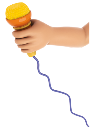 Imagem: Fotografia. Destaque de uma mão segurando um microfone de brinquedo amarelo. Fim da imagem.