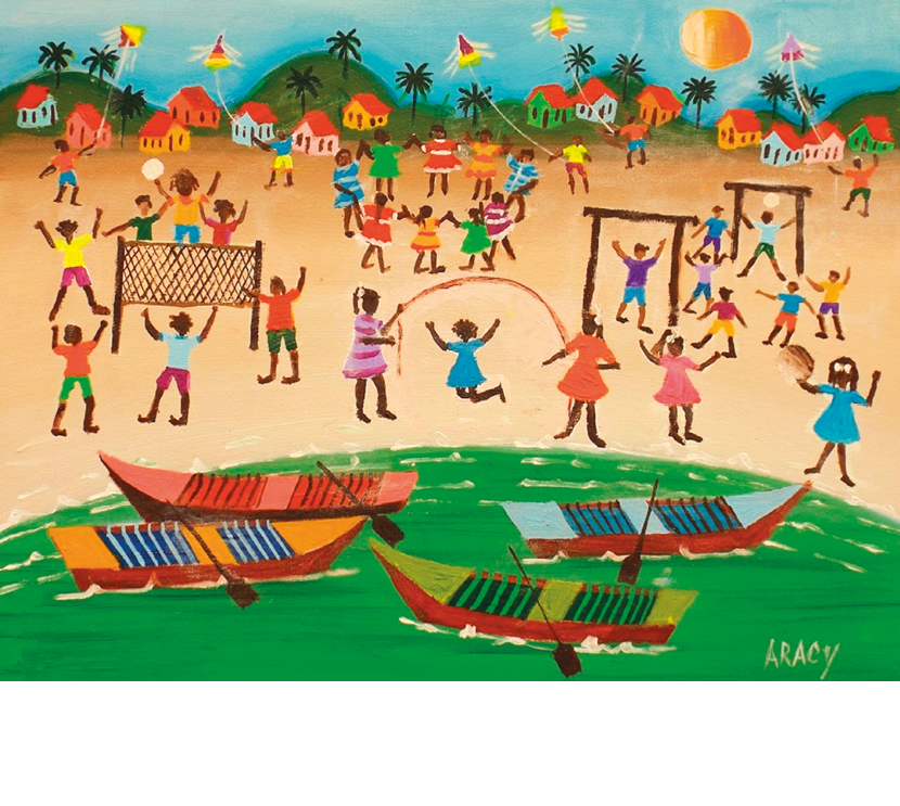 Imagem: Ilustração complementar das páginas 66 e 67. Muitas crianças brincam na areia, à beira do mar. Há duas traves de gol, rede de vôlei instalada, corda, pipas e crianças formando roda. No mar há barcos pequenos. Fim da imagem.