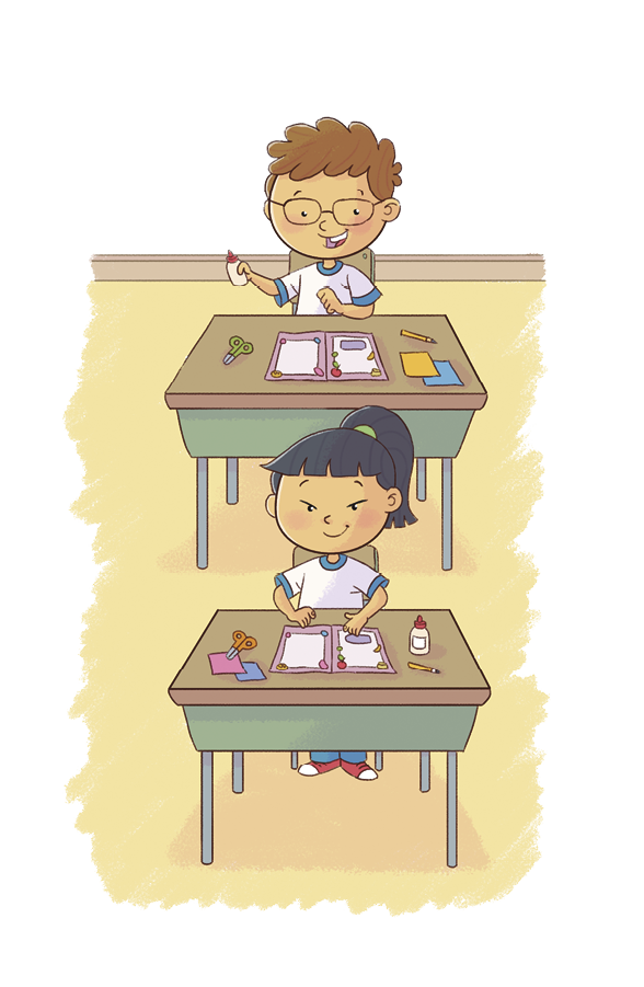 Imagem: Ilustração. Sala de aula com duas crianças de uniforme de camiseta branca e azul, sentadas em carteiras onde há cadernos, papéis de colagens, tesouras, colas e lápis. Menino de cabelo curto castanho com óculos arredondados. Menina de cabelo longo preto. Fim da imagem.