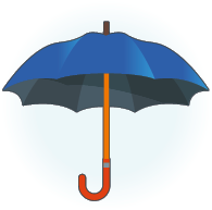 Imagem: Ilustração. Guarda-chuva azul com base de madeira. Fim da imagem.
