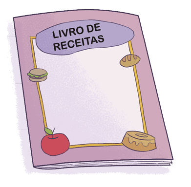 Imagem: Ilustração. Caderno roxo com imagens de alimentos. Acima, o título no caderno “livro de receitas”. Fim da imagem.