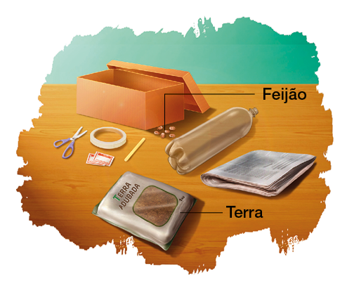 Imagem: Ilustração. Mesa com produtos diversos espalhados, sendo eles: uma caixa de papelão, grãos de feijão, garrafa PET, jornal, saco de terra, tesoura, fita adesiva, lápis. Fim da imagem.