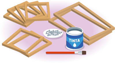 Imagem: Ilustração. Molduras quadradas de madeira, lata de tinta e pincel.  Fim da imagem.