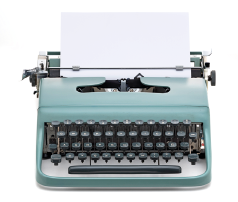 Imagem: Fotografia. Máquina de escrever azul com uma folha instalada. Fim da imagem.