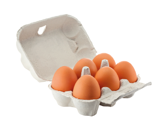 Imagem: Fotografia. Caixa de papelão com seis ovos. Fim da imagem.
