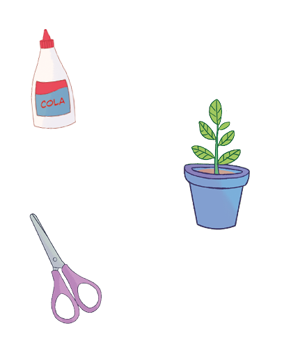 Imagem: Ilustração. Quadro branco com uma cola, uma tesoura e um vaso azul com uma planta com folhas verdes. Fim da imagem.