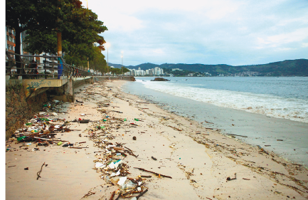 Imagem: Fotografia. Vista de areia da praia com sujeira e descarte de resíduo indevido. Fim da imagem.