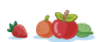 Ilustração. Frutas diversas, um morango, uma laranja, um tomate e um limão.