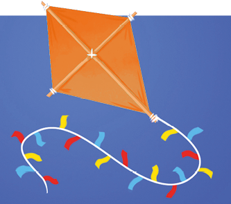 Imagem: Ilustração. Pipa laranja no céu com rabiola com fitas amarelas, vermelhas e azuis. Fim da imagem.