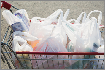Imagem: Fotografia. Carrinho de compras com muitas sacolas cheias de produtos no interior. Fim da imagem.