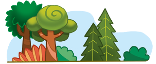 Imagem: Ilustração. Floresta com árvores diversas. Dois pinheiros, arbustos, árvore com folhas redondas e árvore com folhas espetadas. Fim da imagem.