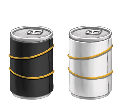 Imagem: Ilustração. Duas latas com cartolina ao redor segurada por dois elásticos. Uma lata preta e uma lata branca. Fim da imagem.