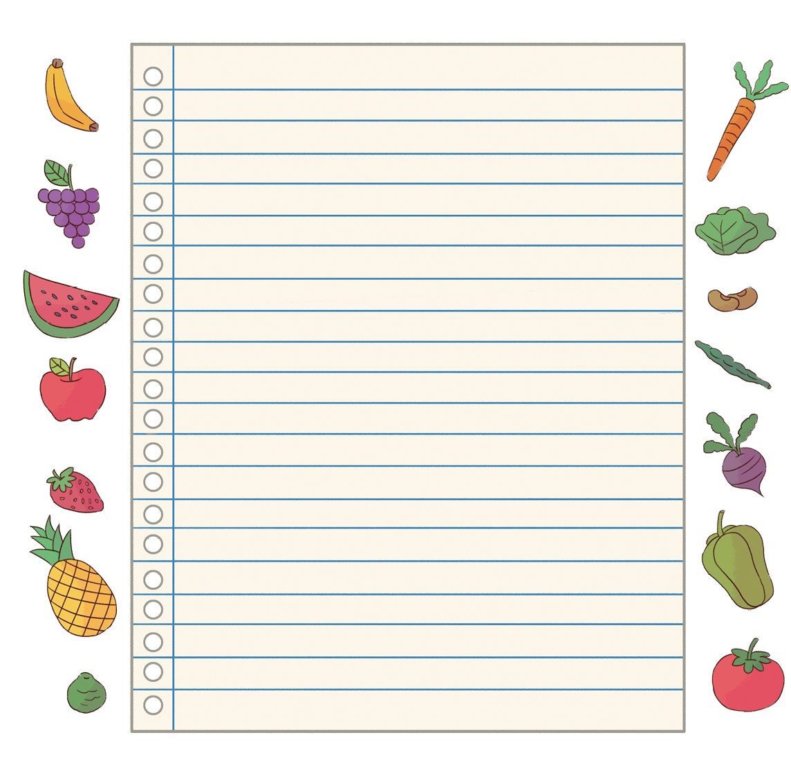 Imagem: Ilustração. Folha de papel com frutas à esquerda, sendo elas, banana, uva, melancia, maçã, morango, abacaxi e limão. À direita da folha de papel, vegetais, sendo eles, cenoura, alface, feijão, vagem, beterraba, chuchu e tomate. Fim da imagem.