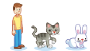 Ilustração. Menino de cabelo curto castanho, vestindo camiseta amarela e calça azul. Ao lado, um gato cinza e um coelho branco.